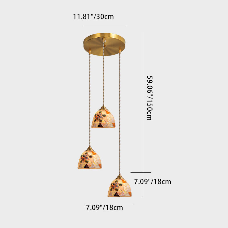 Traditional Japanese Bowl Round Glass Copper 3-Light Chandelier For Living Room