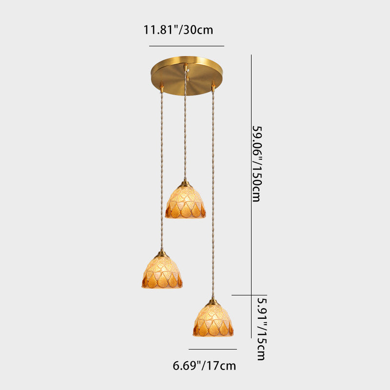 Traditional Japanese Bowl Round Glass Copper 3-Light Chandelier For Living Room