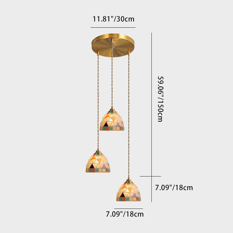 Traditional Japanese Bowl Round Glass Copper 3-Light Chandelier For Living Room