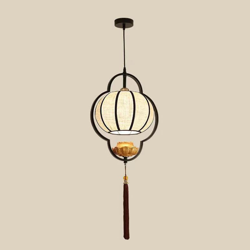 Traditional Chinese Lantern Lotus Fabric Iron 1-Light Pendant Light For Bedroom