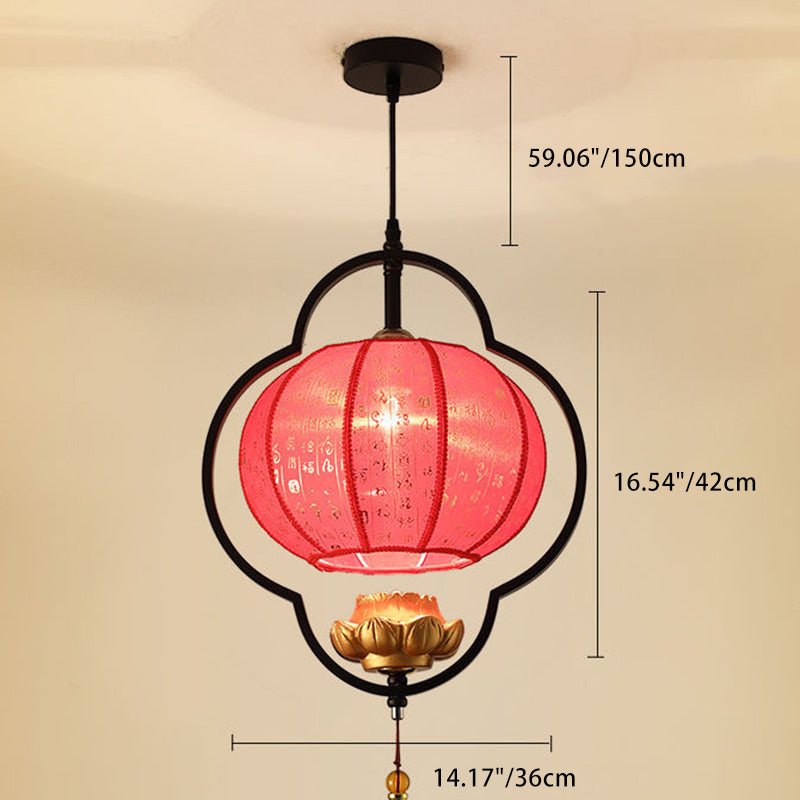 Traditional Chinese Lantern Lotus Fabric Iron 1-Light Pendant Light For Bedroom