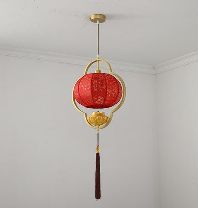 Traditional Chinese Lantern Lotus Fabric Iron 1-Light Pendant Light For Bedroom