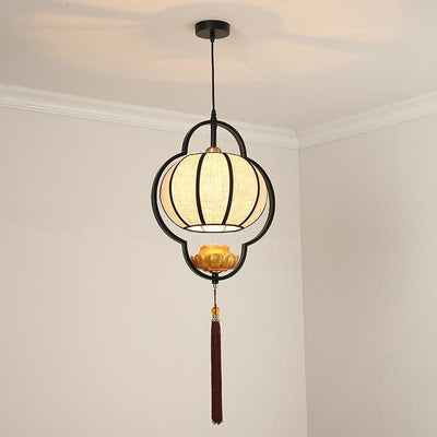 Traditional Chinese Lantern Lotus Fabric Iron 1-Light Pendant Light For Bedroom