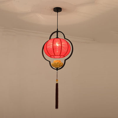 Traditional Chinese Lantern Lotus Fabric Iron 1-Light Pendant Light For Bedroom