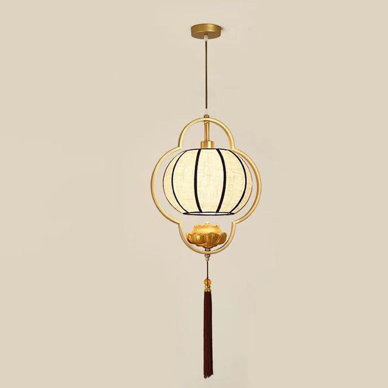 Traditional Chinese Lantern Lotus Fabric Iron 1-Light Pendant Light For Bedroom