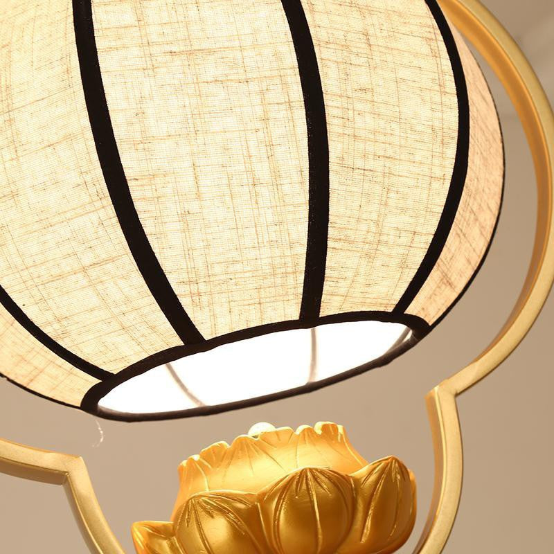 Traditional Chinese Lantern Lotus Fabric Iron 1-Light Pendant Light For Bedroom