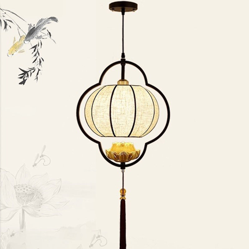 Traditional Chinese Lantern Lotus Fabric Iron 1-Light Pendant Light For Bedroom