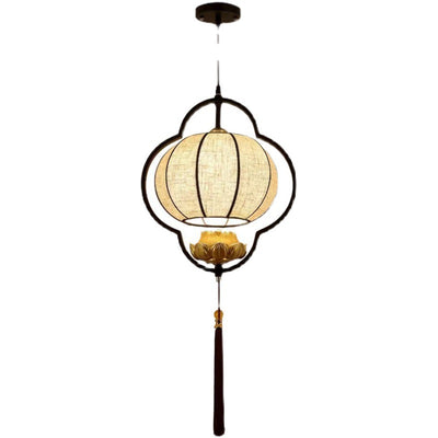 Traditional Chinese Lantern Lotus Fabric Iron 1-Light Pendant Light For Bedroom