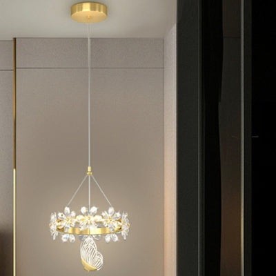 Modern Luxury Butterfly Round Acrylic Crystal Hardware LED Pendant Light For Living Room