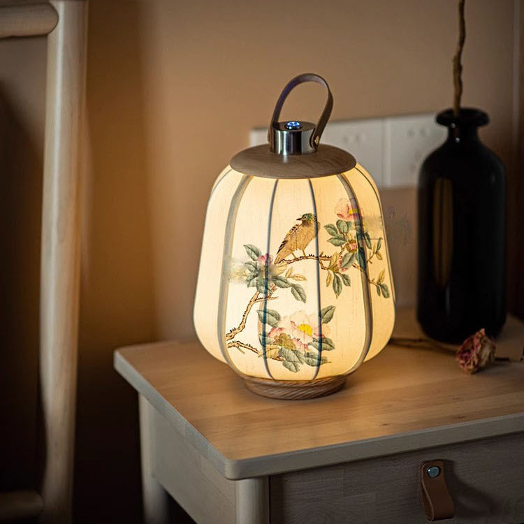 Traditional Chinese Lantern Round Solid Wood Fabric LED Table Lamp For Living Room