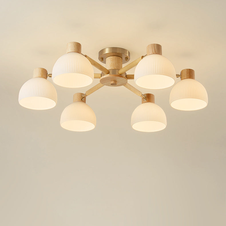 Contemporary Scandinavian Semi-Round Branch Glass Wood 3/6/8 Light Semi-Flush Mount Ceiling Light For Bedroom