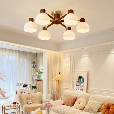 Contemporary Scandinavian Semi-Round Branch Glass Wood 3/6/8 Light Semi-Flush Mount Ceiling Light For Bedroom