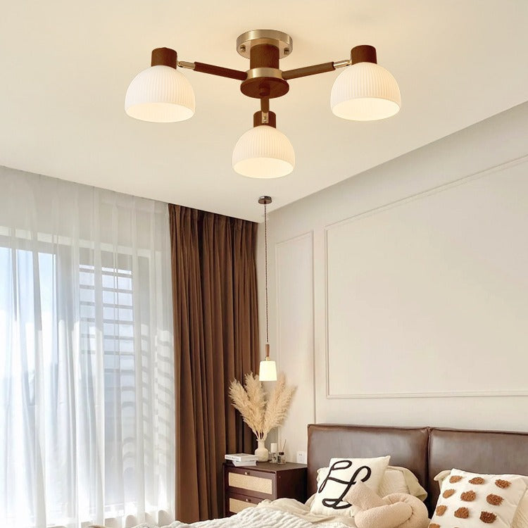 Contemporary Scandinavian Semi-Round Branch Glass Wood 3/6/8 Light Semi-Flush Mount Ceiling Light For Bedroom