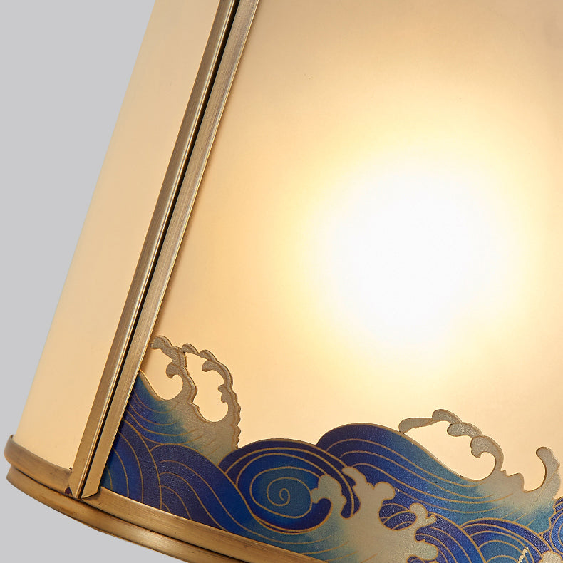 Traditional Chinese Round Sea Waves Glass Brass 1-Light Pendant Light For Living Room