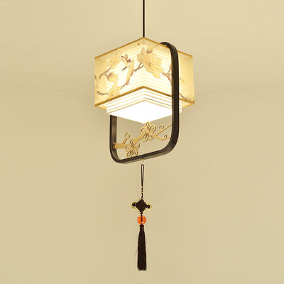 Traditional Chinese Square Flower Lantern Fabric Iron 1-Light Pendant Light For Living Room