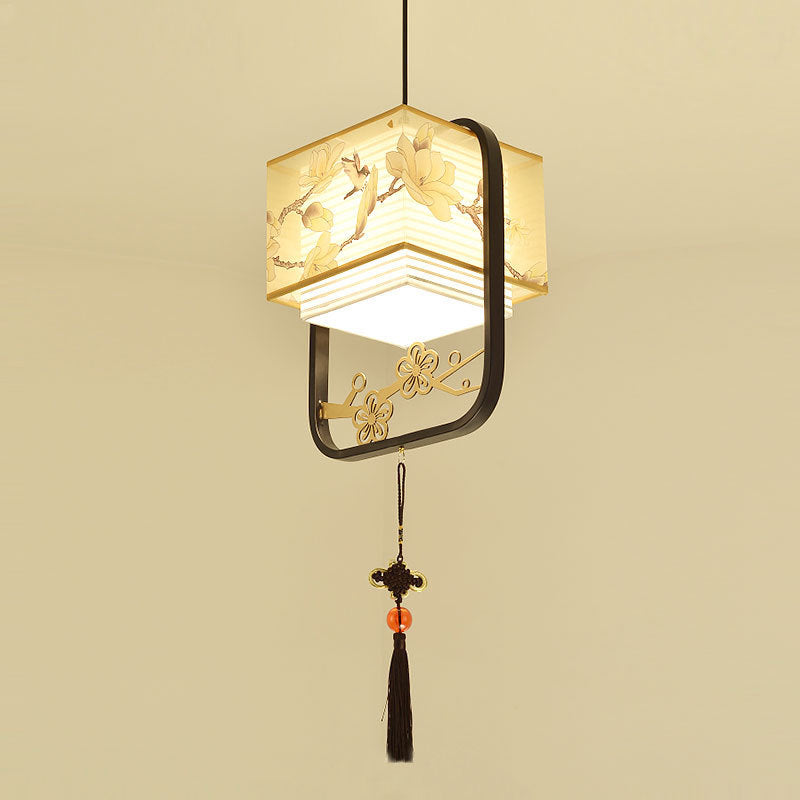 Traditional Chinese Square Flower Lantern Fabric Iron 1-Light Pendant Light For Living Room