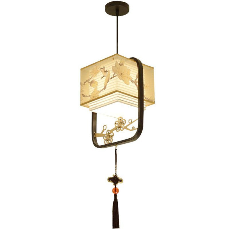 Traditional Chinese Square Flower Lantern Fabric Iron 1-Light Pendant Light For Living Room