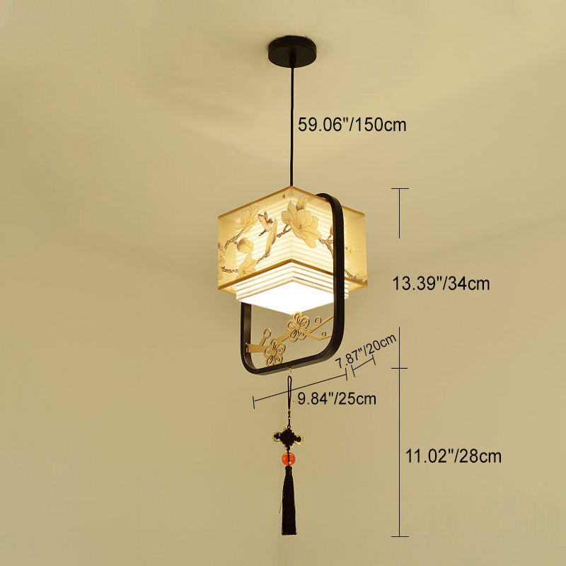 Traditional Chinese Square Flower Lantern Fabric Iron 1-Light Pendant Light For Living Room