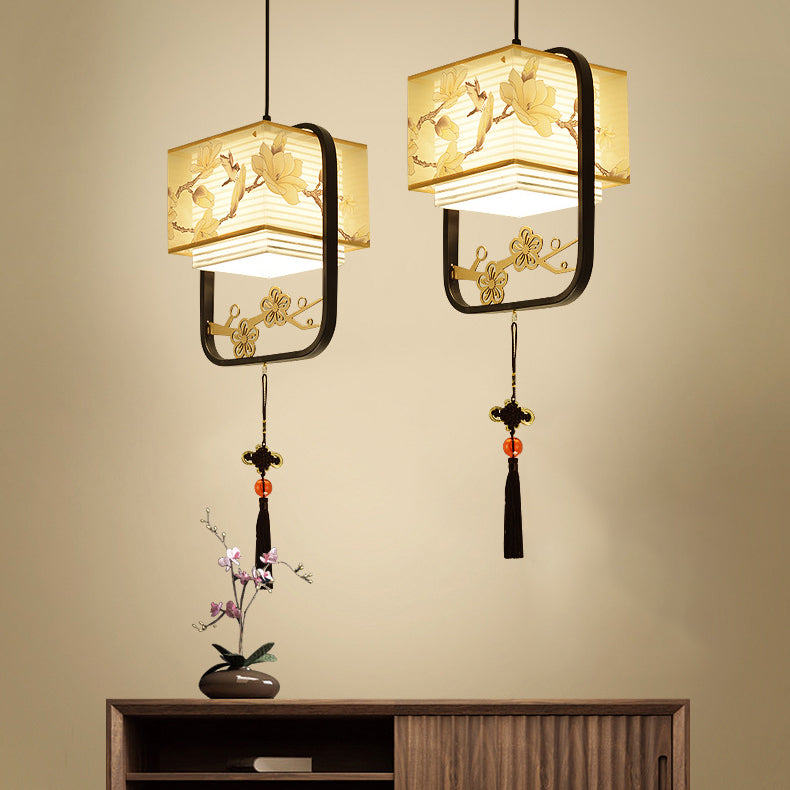 Traditional Chinese Square Flower Lantern Fabric Iron 1-Light Pendant Light For Living Room