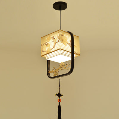 Traditional Chinese Square Flower Lantern Fabric Iron 1-Light Pendant Light For Living Room