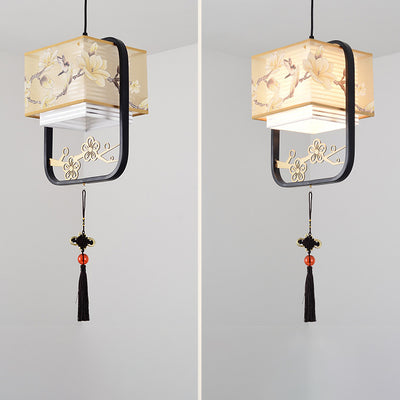 Traditional Chinese Square Flower Lantern Fabric Iron 1-Light Pendant Light For Living Room