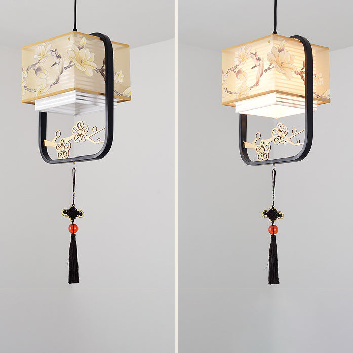 Traditional Chinese Square Flower Lantern Fabric Iron 1-Light Pendant Light For Living Room