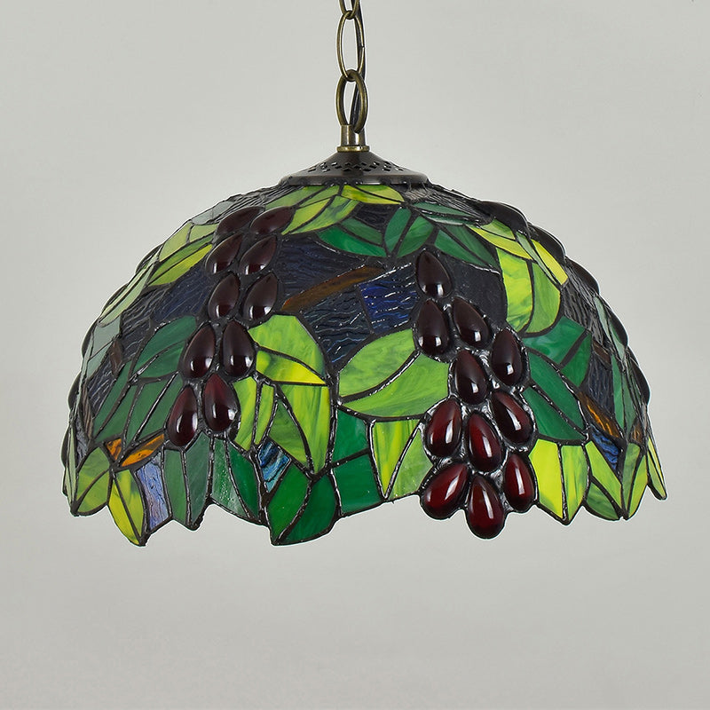 Traditional Tiffany Green Leaf Red Grape Round Glass Iron 1-Light Pendant Light For Bedroom