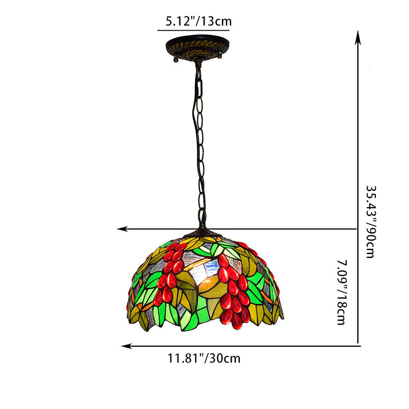 Traditional Tiffany Green Leaf Red Grape Round Glass Iron 1-Light Pendant Light For Bedroom