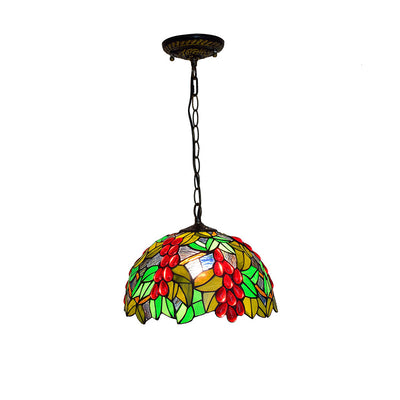 Traditional Tiffany Green Leaf Red Grape Round Glass Iron 1-Light Pendant Light For Bedroom