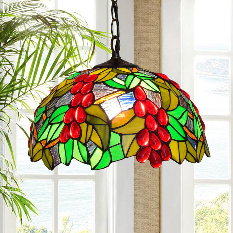 Traditional Tiffany Green Leaf Red Grape Round Glass Iron 1-Light Pendant Light For Bedroom