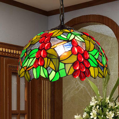 Traditional Tiffany Green Leaf Red Grape Round Glass Iron 1-Light Pendant Light For Bedroom