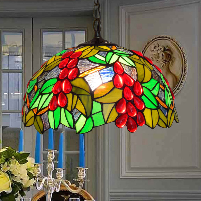 Traditional Tiffany Green Leaf Red Grape Round Glass Iron 1-Light Pendant Light For Bedroom