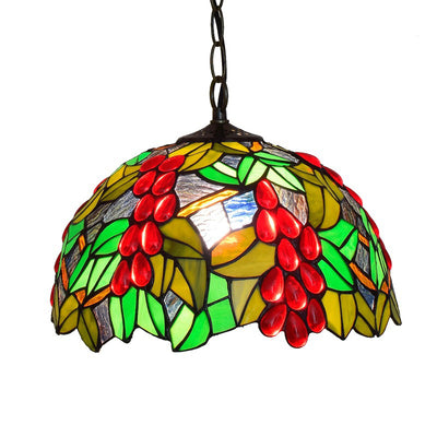 Traditional Tiffany Green Leaf Red Grape Round Glass Iron 1-Light Pendant Light For Bedroom