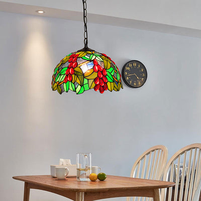 Traditional Tiffany Green Leaf Red Grape Round Glass Iron 1-Light Pendant Light For Bedroom