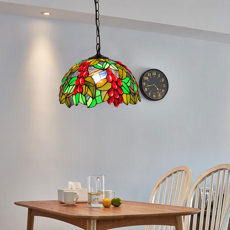 Traditional Tiffany Green Leaf Red Grape Round Glass Iron 1-Light Pendant Light For Bedroom