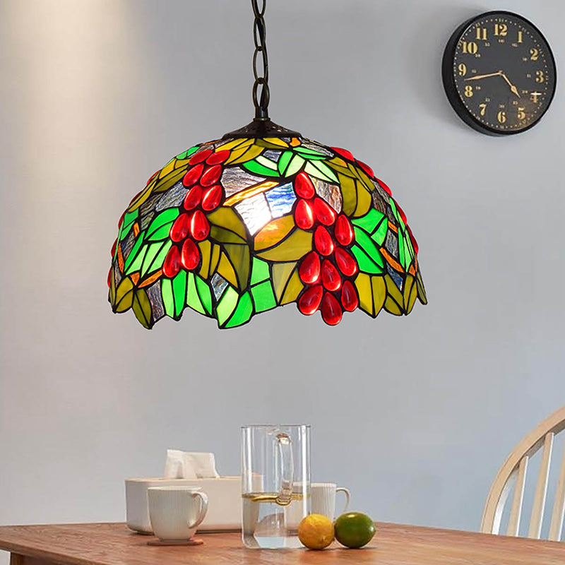 Traditional Tiffany Green Leaf Red Grape Round Glass Iron 1-Light Pendant Light For Bedroom