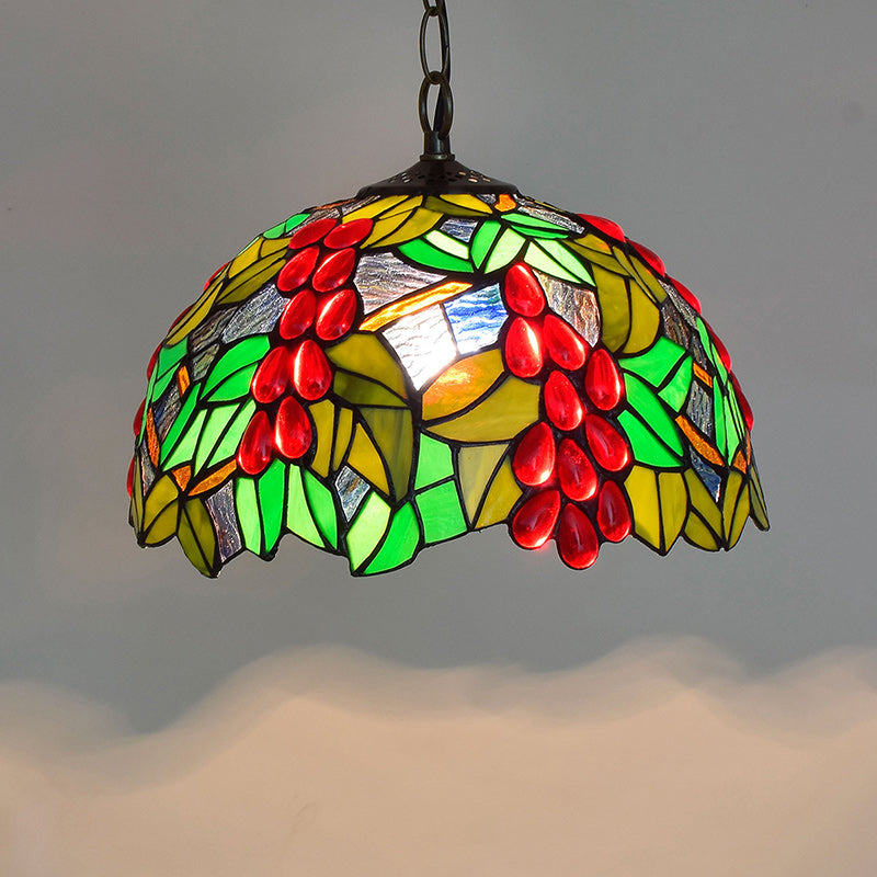 Traditional Tiffany Green Leaf Red Grape Round Glass Iron 1-Light Pendant Light For Bedroom