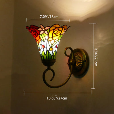 Traditional Tiffany Flower Pod Round Glass Iron 1-Light Wall Sconce Lamp For Living Room