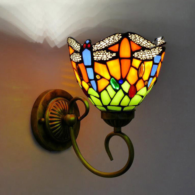 Traditional Tiffany Flower Pod Round Glass Iron 1-Light Wall Sconce Lamp For Living Room