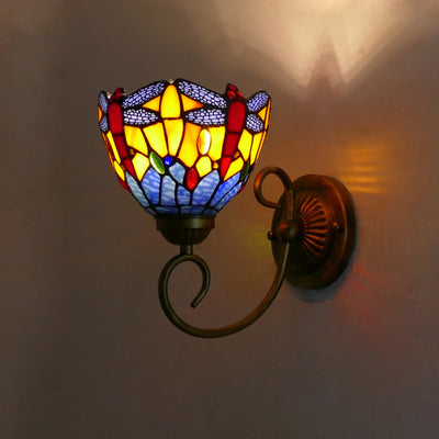 Traditional Tiffany Flower Pod Round Glass Iron 1-Light Wall Sconce Lamp For Living Room