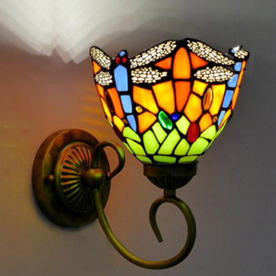 Traditional Tiffany Flower Pod Round Glass Iron 1-Light Wall Sconce Lamp For Living Room