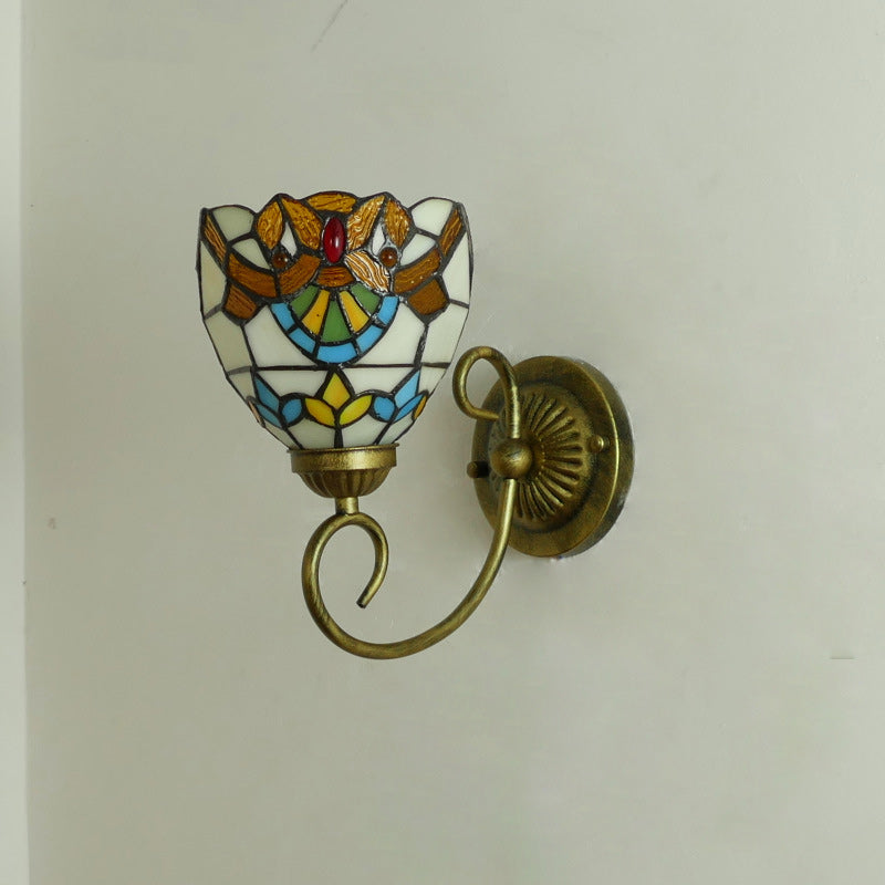 Traditional Tiffany Flower Pod Round Glass Iron 1-Light Wall Sconce Lamp For Living Room