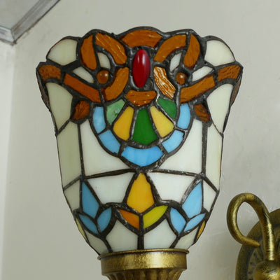 Traditional Tiffany Flower Pod Round Glass Iron 1-Light Wall Sconce Lamp For Living Room