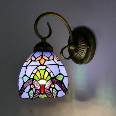 Traditional Tiffany Flower Pod Round Glass Iron 1-Light Wall Sconce Lamp For Living Room