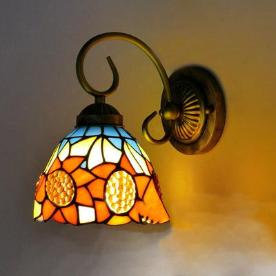 Traditional Tiffany Flower Pod Round Glass Iron 1-Light Wall Sconce Lamp For Living Room