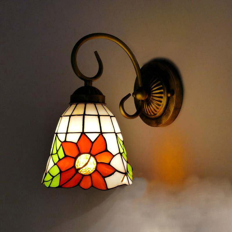 Traditional Tiffany Flower Pod Round Glass Iron 1-Light Wall Sconce Lamp For Living Room