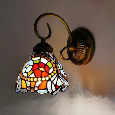 Traditional Tiffany Flower Pod Round Glass Iron 1-Light Wall Sconce Lamp For Living Room