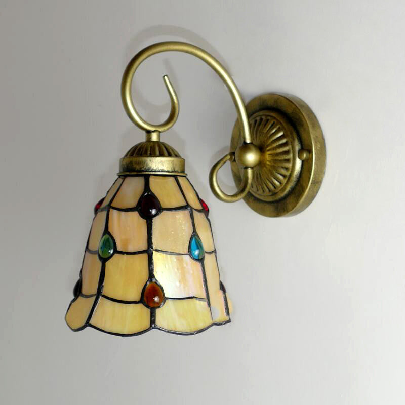 Traditional Tiffany Flower Pod Round Glass Iron 1-Light Wall Sconce Lamp For Living Room