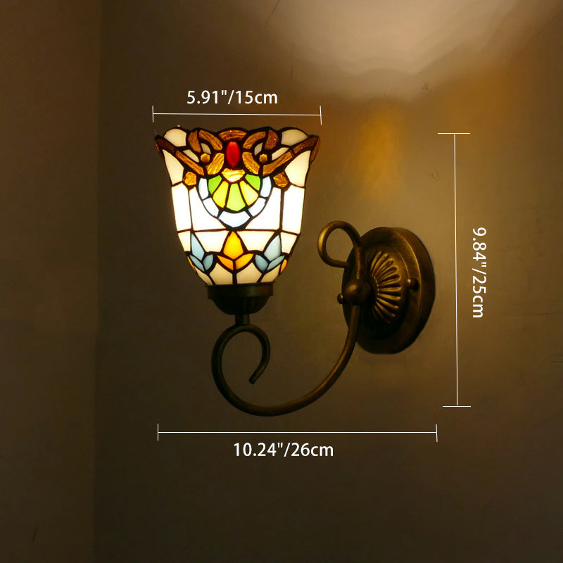 Traditional Tiffany Flower Pod Round Glass Iron 1-Light Wall Sconce Lamp For Living Room