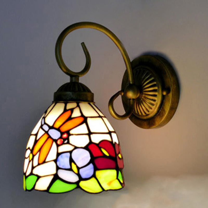 Traditional Tiffany Flower Pod Round Glass Iron 1-Light Wall Sconce Lamp For Living Room